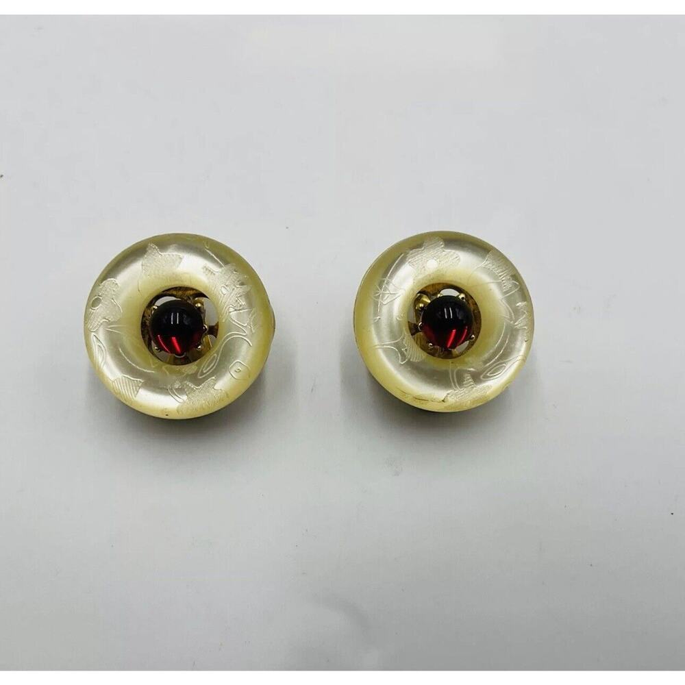 Monet Cloud Red Bead Clip On Earrings Gold Tone Vintage Large Lucite Puffed J2